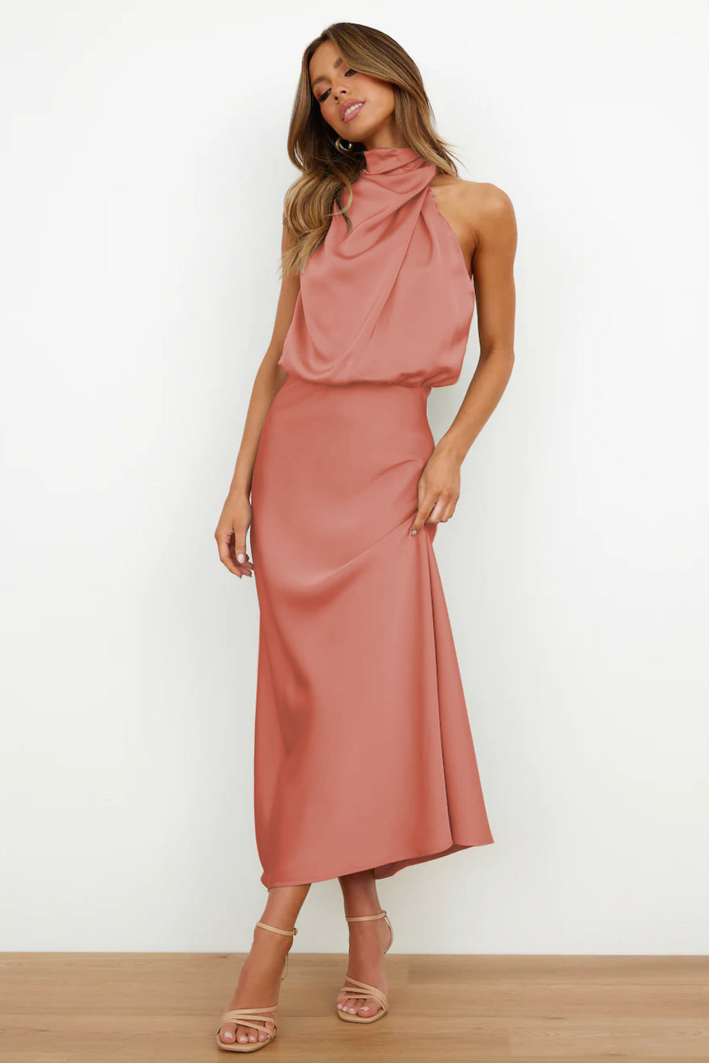 CARLINA | Long Satin Dress With Halter Neck