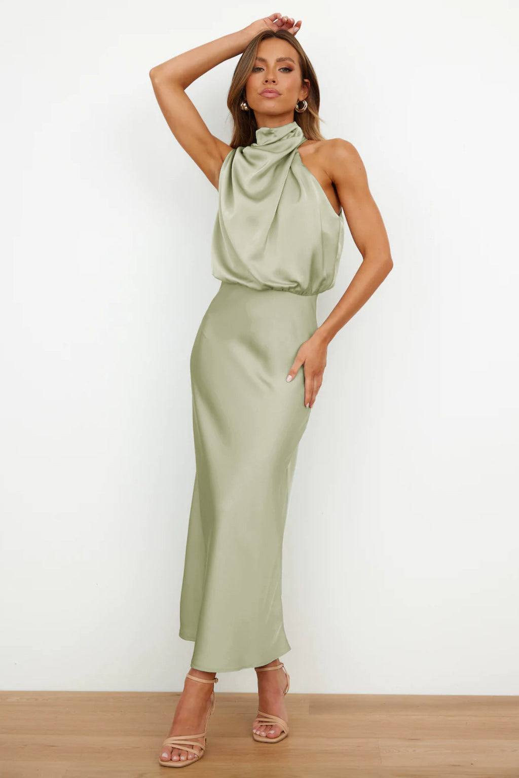CARLINA | Long Satin Dress With Halter Neck