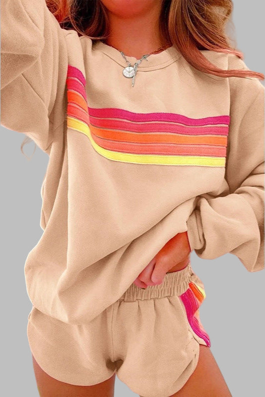 JOVIE™ - Comfy Striped Crew Neck Top and Shorts Pajama Set